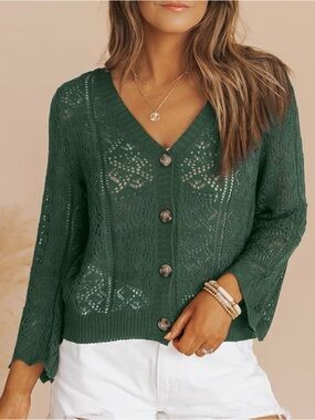 Emerald Green V-Neck Lace Knit Button Cardigan